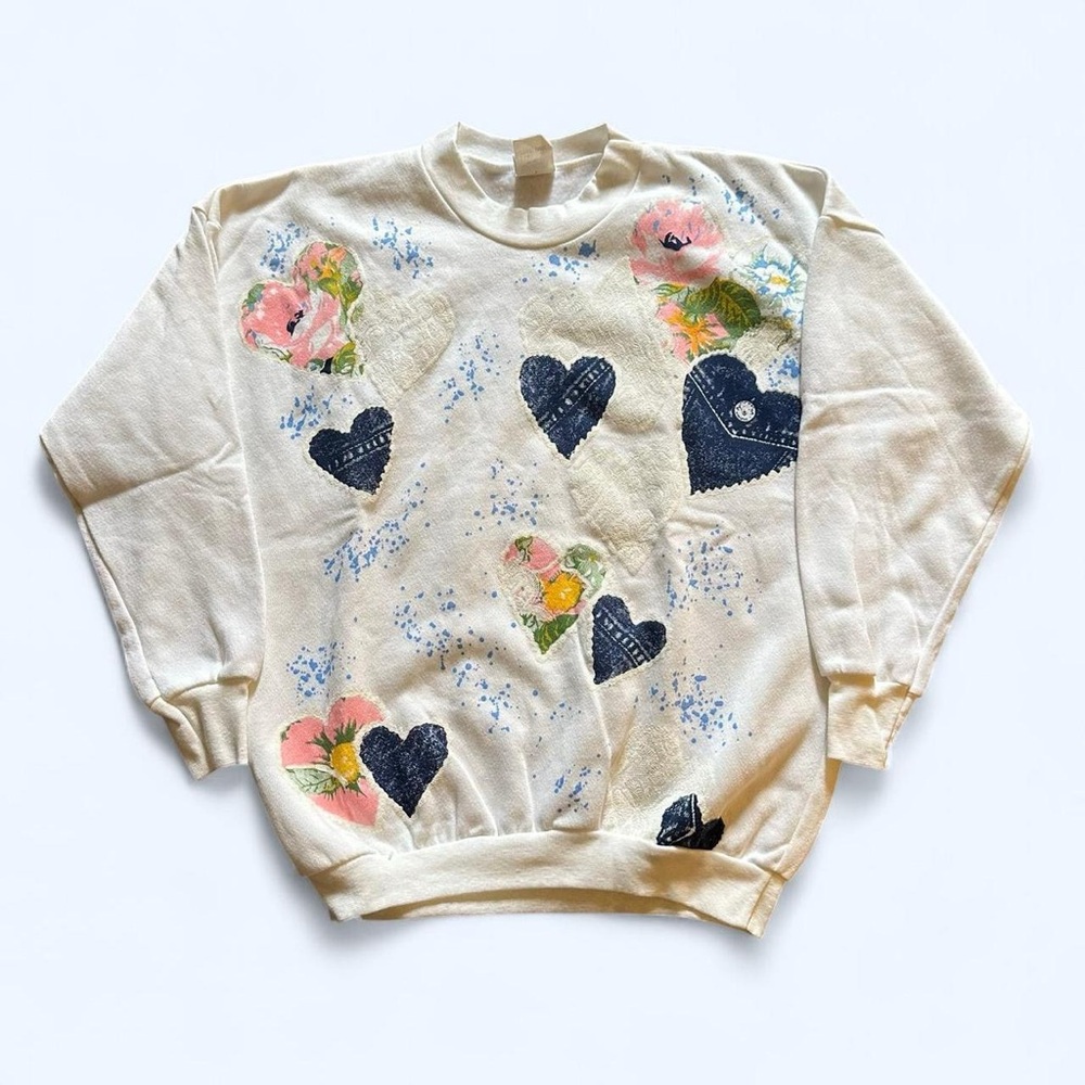 Patchwork Cream Floral & Navy Heart Crewneck Sweatshirt